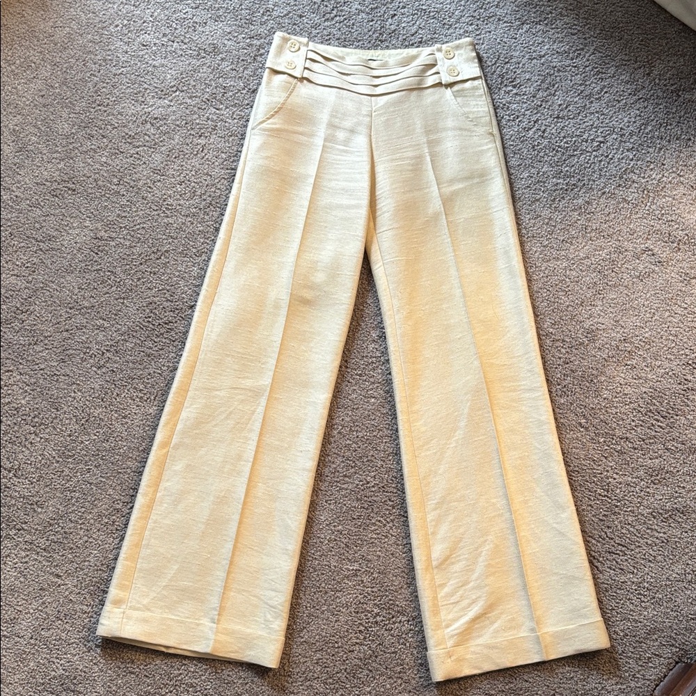 High-Rise Wide-Leg Cream Trousers with Button Detail